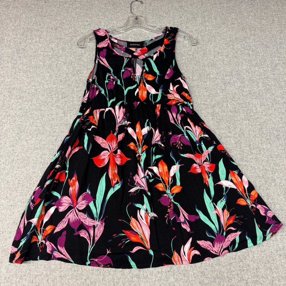 Minkpink Floral Mini Dress XS Black Tropical Sleeveless Keyhole Neck Babydoll